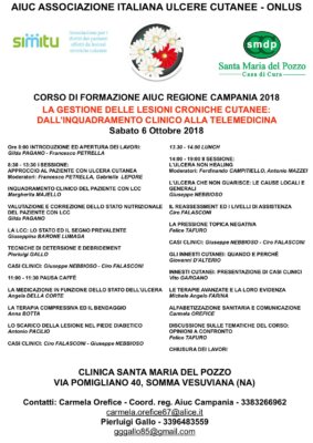 Il Prof. Dr. Antonio Pacilio invitato a tenere una relazione dal titolo “lo scarico della lesione nel piede diabetico” al Corso di formazione AIUC regione Campania 2018 “ la gestione delle lesioni croniche cutanee: dall’inquadramemto clinico alla telemedicina” che si terrà sabato 6 ottobre 2018 presso la Clinica Santa Maria del Pozzo sita in Somma Vesuviana (Napoli)